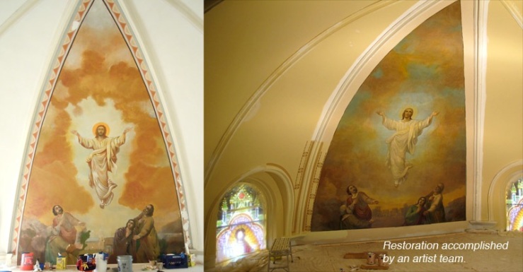 A before and after  image of cleaning and conservation result of the main alter mural